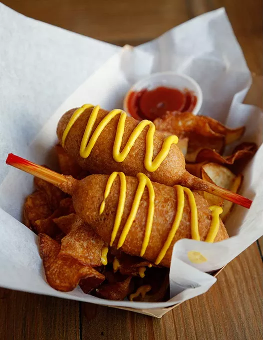 Roger Dog (all beef corndogs) at Anchor Down in Oklahoma City, Thursday, Sept. 4, 2015. - GARETT FISBECK