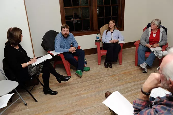 Josh Buss meets with a group to discuss local cohousing options. (Garett Fisbeck)