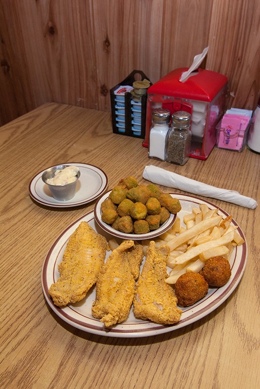 Catfish with 2 sides, Okra and fries, with hush puppies and and house made tarter sauce. - MARK HANCOCK