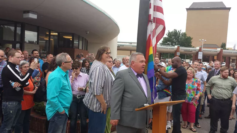 Scott Hamilton, executive director of the Cimarron Alliance, spoke at a rally celebrating a court ruling in favor of same-sex marriage in Oklahoma. - BEN FELDER