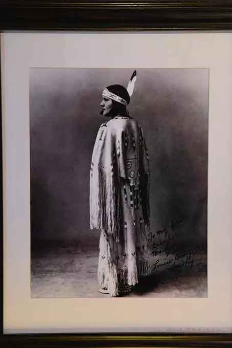 The original Kiowa Five included this woman, Lowis Somoky, who steped out and was replaced by James Auchiah. Officials now refer to the group as the Kiowa Six, puting Somoky back into the group. Historic photo, 2-8-16, hanging in the office at the Jacobson House, 609 Chautauqua Avenue, Norman Oklahoma. - MARK HANCOCK