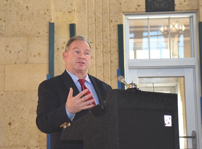 John Johnson, ACOG Executive Director, speaks and intoduces mayors before they sign document, during a ceremony held in the historic Santa Fe Station, being designated the regional transit hub, in downtown OKC, 12-1-2015. - MARK HANCOCK
