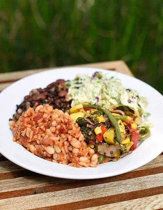 Spanish rice, Italian balsamic beans, mixed veggies, and brussels sprout slaw at Nebu in Oklahoma City, Thursday, April 21, 2016. - GARETT FISBECK