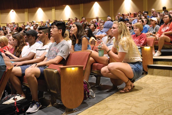University of Oklahoma students, faculty and staff gathered inside one of the university&#146;s theaters to watch President David Boren&#146;s announcement about the school&#146;s future. Boren announced his plans to retire, effective June 30, 2018. | Photo Garett Fisbeck