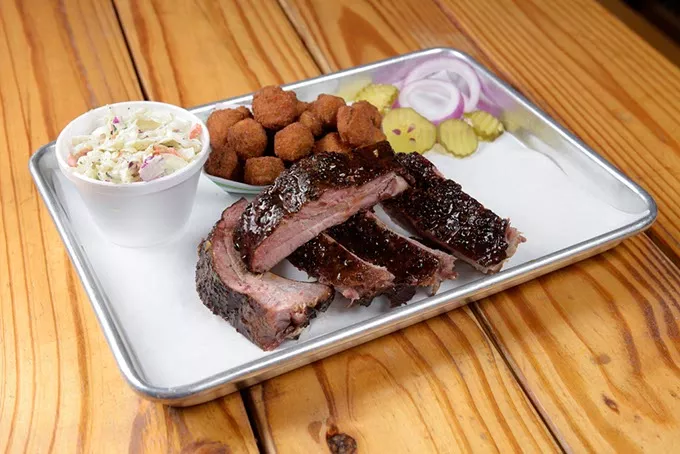 Rib dinner with fried okra and coleslaw at Texlahoma BBQ in Edmond, Tuesday, Dec. 13, 2016. - GARETT FISBECK