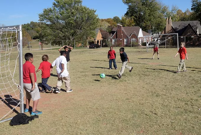 Students play soccer at Edgemere School, Wednesday, Nov. 16, 2016. - GARETT FISBECK