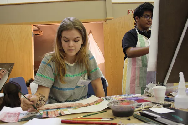 Guthrie’s Zoe Ewbank and Norman’s Asha Chidambaram paint a scene from memory at Oklahoma Summer Arts Institute at Quartz Mountain. | Photo Laura Eastes
