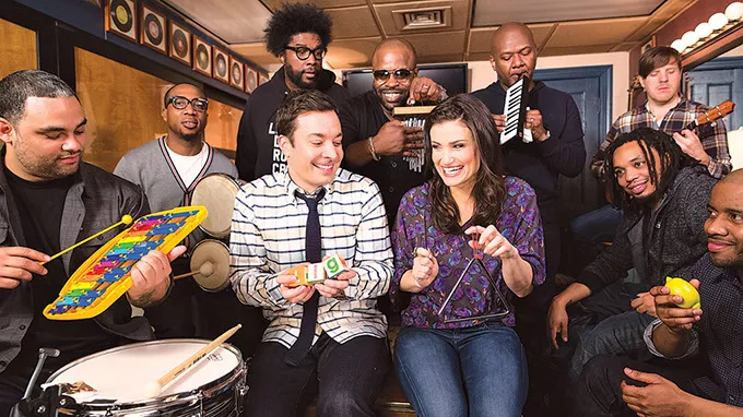 The Roots perform “Let It Go” using only classroom instruments with (center) Jimmy Fallon and Idina Menzel on The Tonight Show Starring Jimmy Fallon. (Photo YouTube / provided)