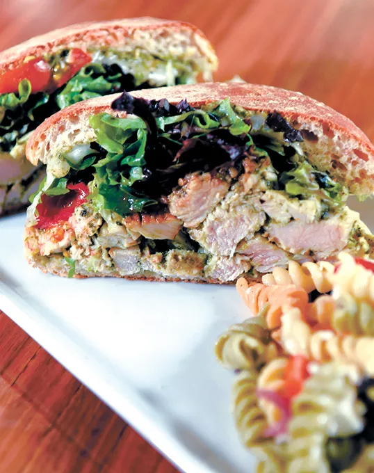 Turkey pesto sandwich with pasta, at Coolgreens in Downtown Oklahoma City, 1-7-16. - MARK HANCOCK