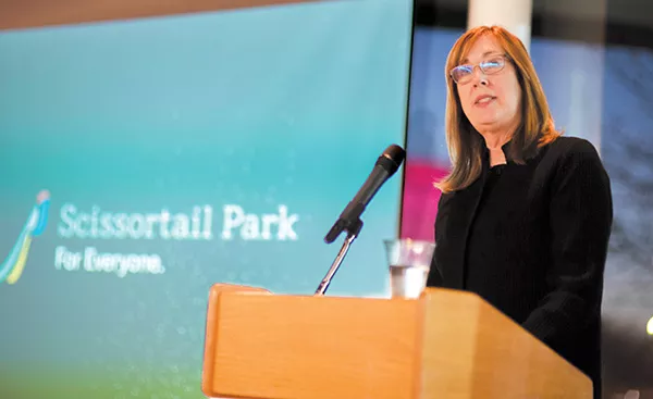 Maureen Heffernan, Scissortail Park Foundation director, gave an update on the progress of the park Jan. 31. - MIGUEL RIOS