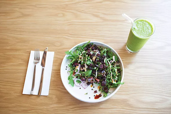 The Ironman salad contains arugula, black lentils, roasted beets, red onion, basil, tahini and balsamic glaze and a smoothie. - ALEXA ACE