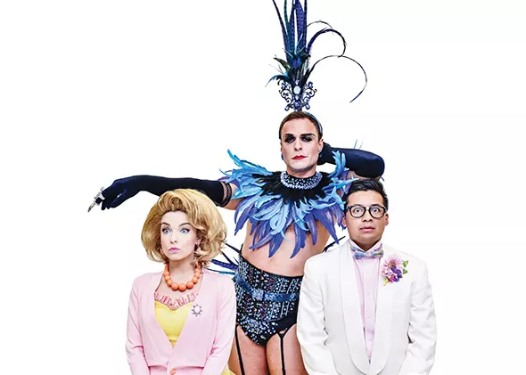 Janet Weiss (Emily J. Pace), Dr. Frank-N-Furter (Eric Ulloa) and Brad Majors (Antonio Rodriguez) form an unconventional triangle in The Rocky Horror Show. - K. TALLEY PHOTOGRAPHY / PROVIDED