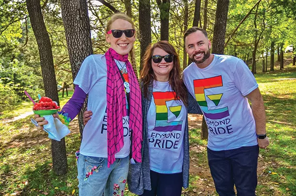 Edmond Pride 2018 board members Jane English and Catrina Buchanan pose with Edmond Pride chair John Stephens at last year’s event. - PROVIDED