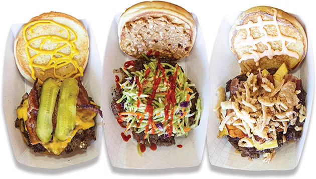 from left Working Man, The Zen, and The Island burgers at Right-A-Way Burger Joint - ALEXA ACE