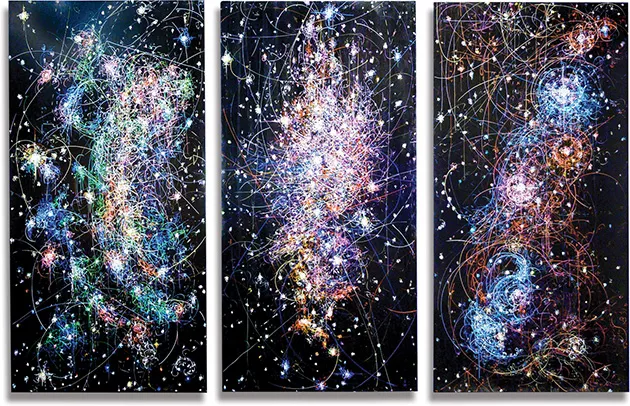 Paintings from Kysa Johnson’s The Long Goodbye illustrate the life cycle of stars using the formula for charting subatomic decay. - PROVIDED