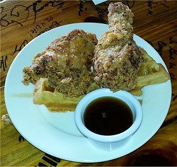 Fried chicken and waffles (the bourbon-maple drizzle is ridiculously good)