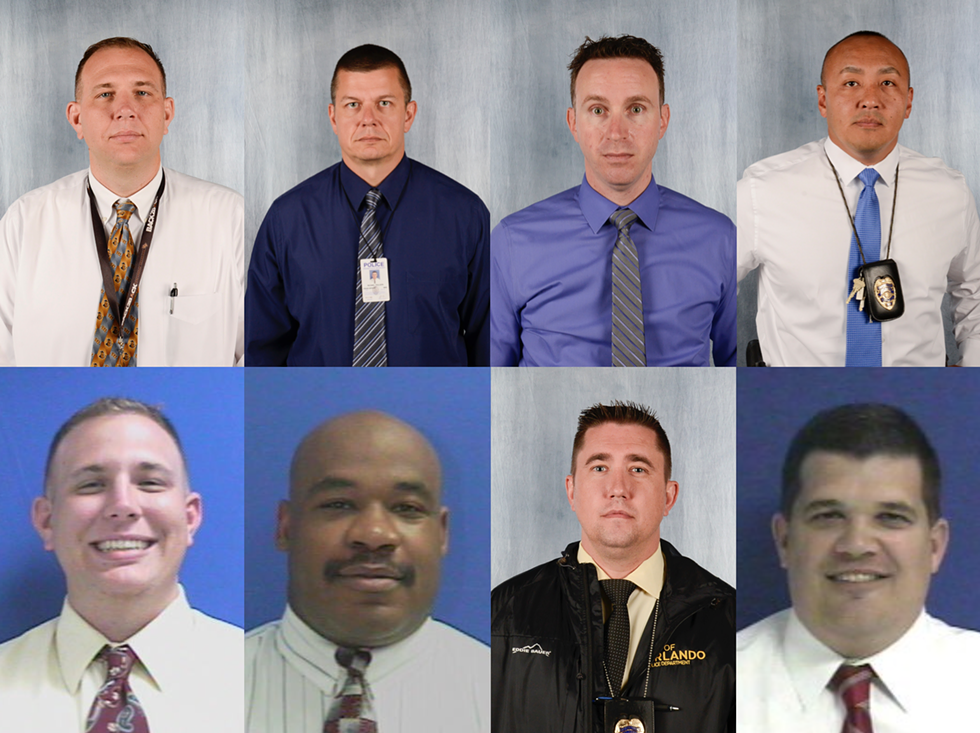 Orlando police officers participating as test subjects in the city's Amazon Rekognition pilot program pose for emulated mugshots and photos taken by the Orlando Police Department on March 20, 2018 - COMPOSITION BY JOEY ROULETTE, PHOTOS BY CITY OF ORLANDO VIA RECORDS REQUEST.