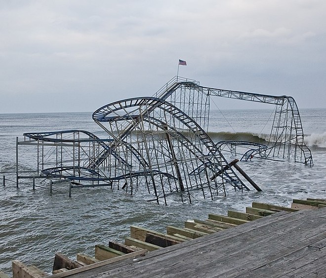 Superstorm Sandy's damage to the Star Jet coaster in Seaside Heights, New Jersey - IMAGE VIA ANTHONY QUINTANO/WIKIMEDIA