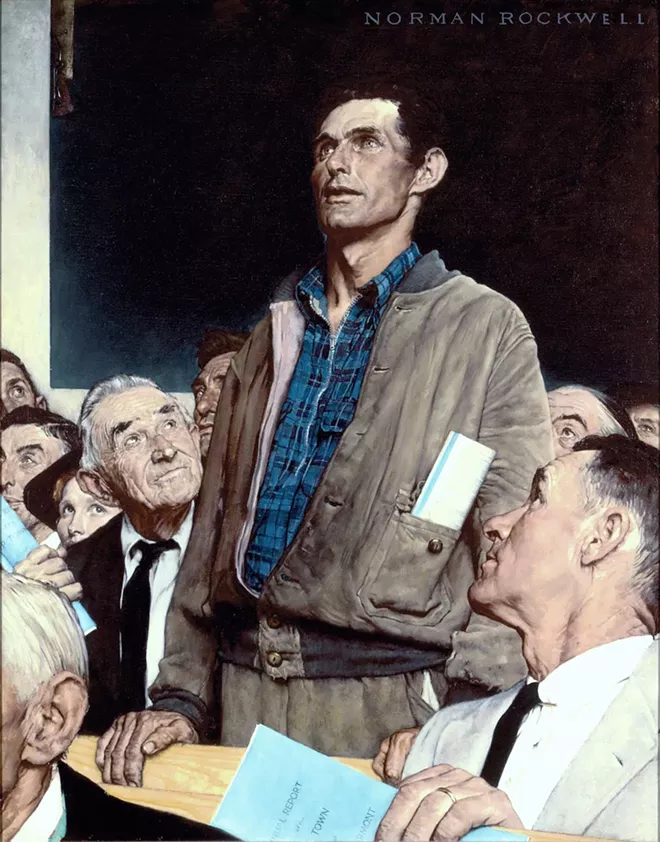 NORMAN ROCKWELL (1894-1978), “FREEDOM OF SPEECH,” 1943. OIL ON CANVAS, 45 3/4″ X 35 1/2″. STORY ILLUSTRATION FOR “THE SATURDAY EVENING POST,” FEBRUARY 20, 1943. NORMAN ROCKWELL MUSEUM COLLECTIONS. ©SEPS: CURTIS PUBLISHING, INDIANAPOLIS, IN.
