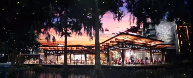 Concept art for the proposed lakefront restaurant at Reflections as shared at D23 - IMAGE VIA TIM GRASSEY | WDWTHEMEPARKS