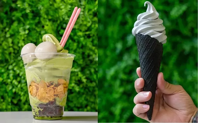 Matcha-holic sundae (L);Black sesame soft serve (R) - HOI NGUYEN