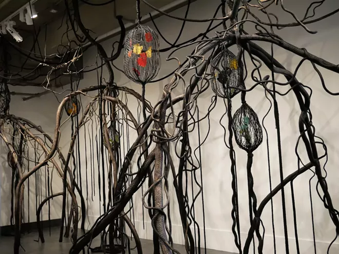 Installation view: ‘Mangroves – The Protectors’ by Mira Lehr. Dimensions variable. Rope, steel, wire, burned and dyed Japanese paper. - IMAGE COURTESY OF THE ARTIST