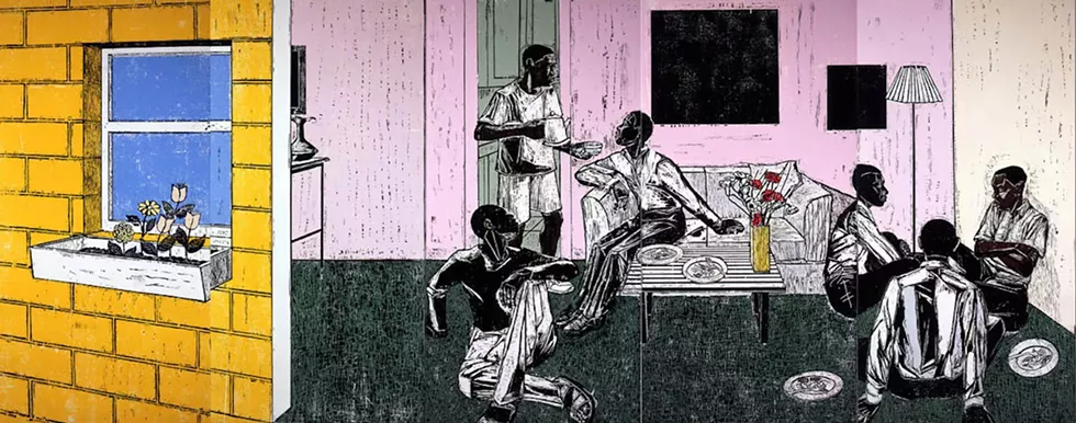 THROUGH MAY 2, 2021: &lsquo;VOICES & CONVERSATIONS,&rsquo; ORLANDO MUSEUM OF ART - KERRY JAMES MARSHALL, &lsquo;UNTITLED,&rsquo; 1999, WOODCUT ON PAPER, EDITION &frac34;, 96 X 48 IN. PURCHASED WITH FUNDS PROVIDED BY THE ACQUISITION TRUST, 2000.12.A-L. &copy; JACK SHAINMAN GALLERY. [IMAGE COURTESY ORLANDO MUSEUM OF ART]