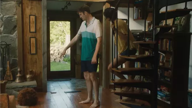 Jack and Su, from left, aren't sure what to make of the furry little footstool that's invaded their cabin (and also the Earth) - BLEECKER STREET MEDIA