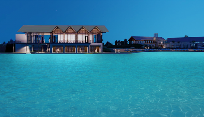 Concept art for The Boathouse overlooking the lagoon - IMAGE VIA EVERMORE RESORT
