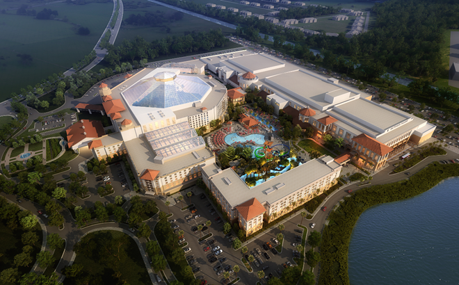 An aerial image of the Gaylord Palms expansion. The 'L-shaped' Gulf Coast tower can be seen in the bottom center with the convention center expansion directly to the right of it. The Cypress Springs water park can be seen in the center of the image. - IMAGE VIA GAYLORD PALMS