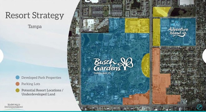 A slide from a 2015 investor presentation showing potential development sites on SeaWorld's Park Tampa resort. - IMAGE VIA SEAWORLD