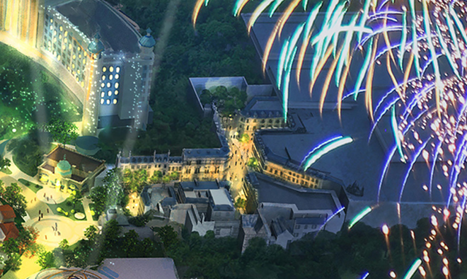 画像の左側にはEpic Universeホテルが、右にはWizarding Worldテーマランドの入り口があります。  -NBCUNIVERSALを通したイメージ