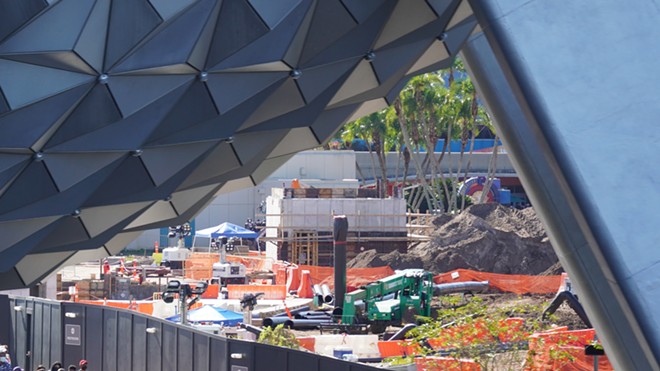 The Moana Journey of Water attraction construction can be seen looking past Spaceship Earth. - IMAGE VIA BIORECONSTRUCT | TWITTER