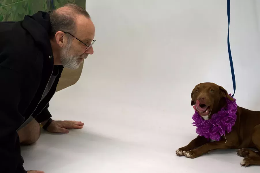 Pawsitive Shelter Photography’s Paul Wean tries to get a shelter dog to smile for the camera. - PHOTO BY MONIVETTE CORDEIRO