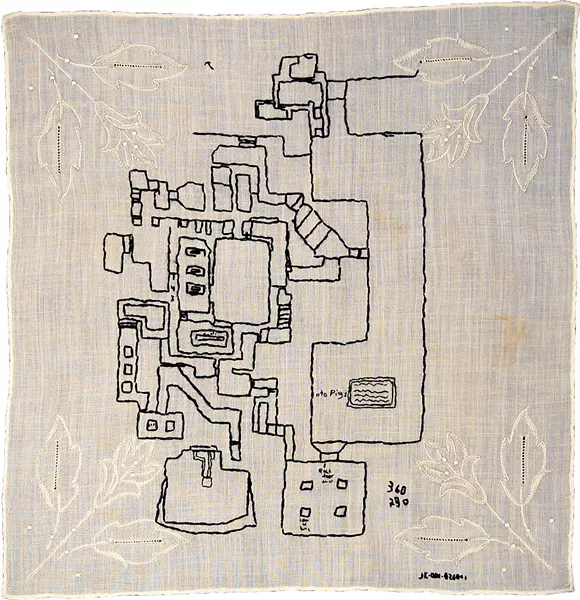 "Love Letters/White Flag: The Book of God (detail)” by Noelle Mason, 2009-2016, hand-embroidered white handkerchiefs