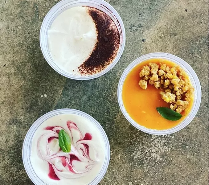 New desserts at Pizza Bruno: classic tiramisu, sweet corn panna cotta, and strawberry tiramisu - PHOTO VIA PIZZA BRUNO/INSTAGRAM