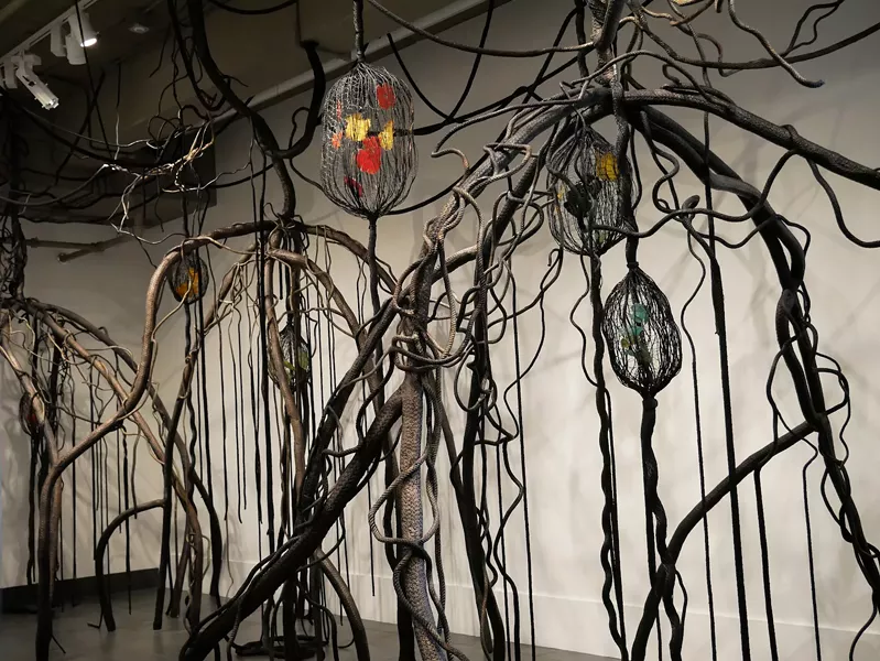 Installation view: ‘Mangroves – The Protectors’ by Mira Lehr. Dimensions variable. Rope, steel, wire, burned and dyed Japanese paper. - IMAGE COURTESY OF THE ARTIST