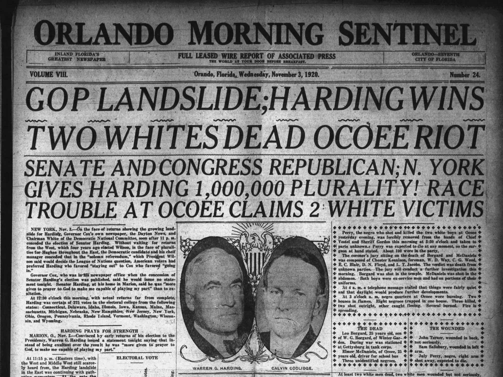 The Orlando Sentinel called the murders a 'race riot' and reported two white live were lost – no mention of the deaths of 35 Black Ocoee citizens. - PHOTOS AND DOCUMENTS COURTESY ORANGE COUNTY REGIONAL HISTORY CENTER