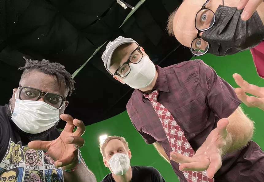 Nerd alert: Mega Ran (far left), MC Lars (center-left), MC Frontalot (center-right), and Schäffer the Darklord (right). - MEGA RAN