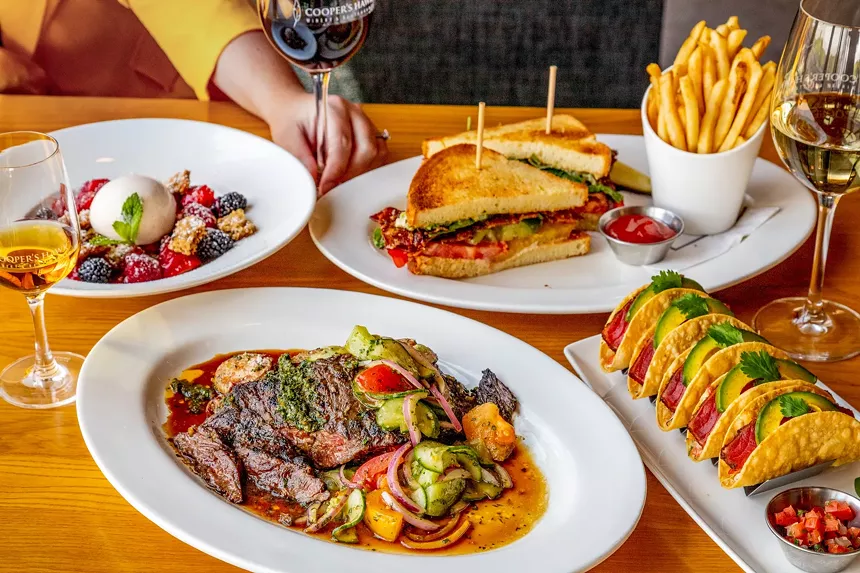 Uptown Heirloom Tomato BLT, Ahi Tuna Tacos, Grilled Asian Premium Steak and Cooper's Hawk Berry Crumble. - THE FALCON TO COOPER