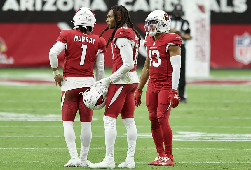 Arizona Cardinals quarterback Kyler Murray (left) with wide receivers DeAndre Hopkins (center) and Christian Kirk (right). - ALL-PRO REELS/CC BY-SA 2.0/FLICKR
