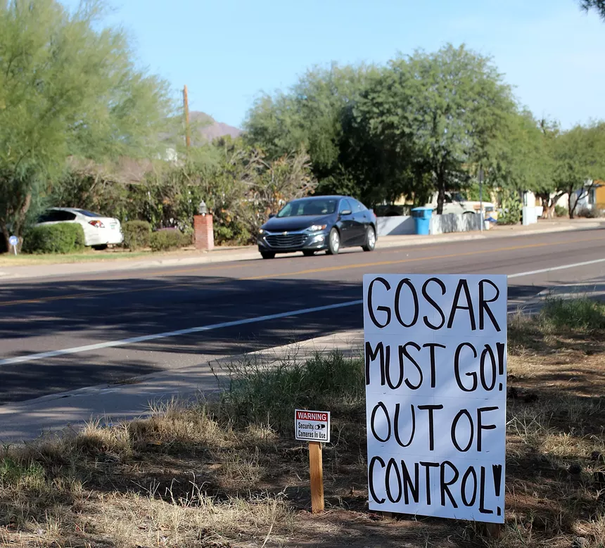 This resident on Osborn Road in central Phoenix signals displeasure at U.S. Rep. Paul Gosar's latest antic, a violent anime-themed video on Twitter. Congress censured Gosar on Nov. 17, 2021. - SEAN HOLSTEGE