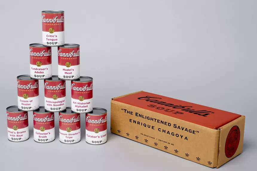 Enrique Chagoya (American, born Mexico (b. 1953), The Enlightened Savage, edition 14/40, 2002, digital pigment prints on paper wrapped around can with silkscreened cardboard box. Collection of Jordan D. Schnitzer, 2003. - AARON WESSLING PHOTOGRAPHY