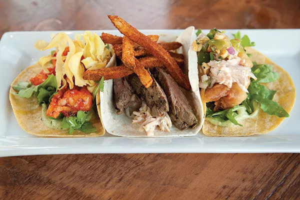 A selection of tacos: barbequed shrimp, "Pittsburgh taco" and beer-battered cod