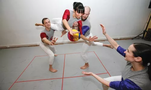 Attack Theatre dancers (from left) Peter Kope, Liz Chang, Jeff Davis and Michelle de la Reza get real square at their monthly Game Night. - HEATHER MULL