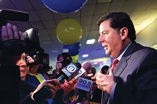 Bill Peduto talks to reporters on election night in November 2013