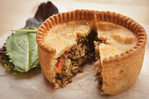 Chicken-curry pie: vindaloo-braised chicken, with lentils, eggplant, potato and carrot