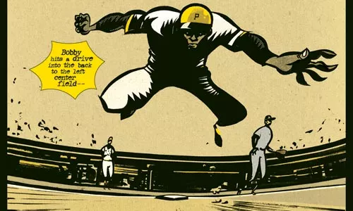 Double time: Roberto Clemente heads into second for his 3,000th hit, as rendered by Wilfred Santiago.