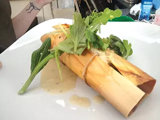 Farmer's Table offering: cedar-wrapped chicken breast with sausage, baked in a wood-fired oven, served with micro-green salad, roasted broccoli and herb gravy. - PHOTO COURTESY OF ZACH GOLIS