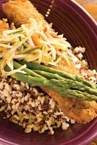 Herb-crusted wild Alaskan pollock, with vegetable slaw, and organic brown rice and asparagus - BRIAN KALDORF